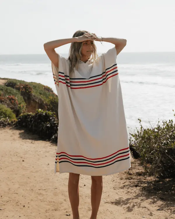 Alternative view of Border Classic Stripe Poncho - Red / Navy | Sand Cloud