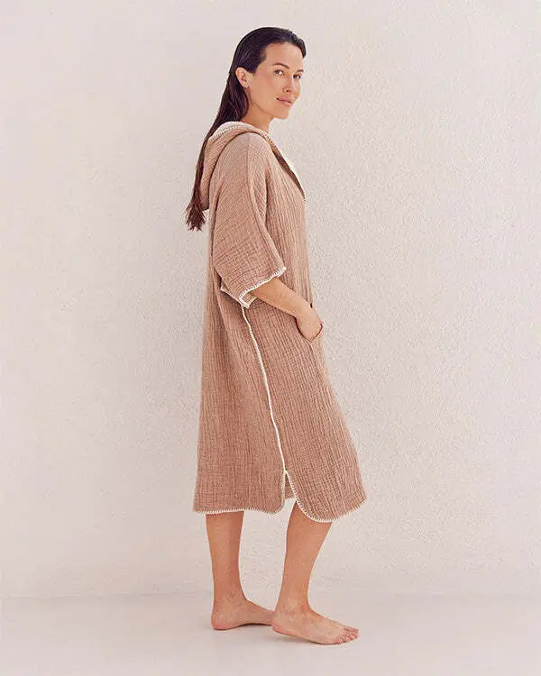 Alternative view of Falta Gauze Hooded Poncho - Warm Taupe | Sand Cloud