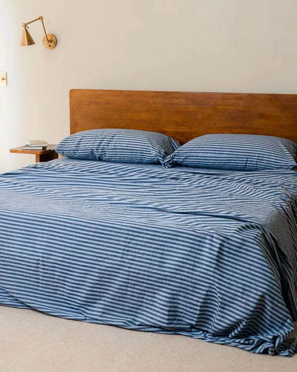 Classic Micro Twill Stripe Melange Flat Top Sheet Indigo | Sand Cloud - Image 2
