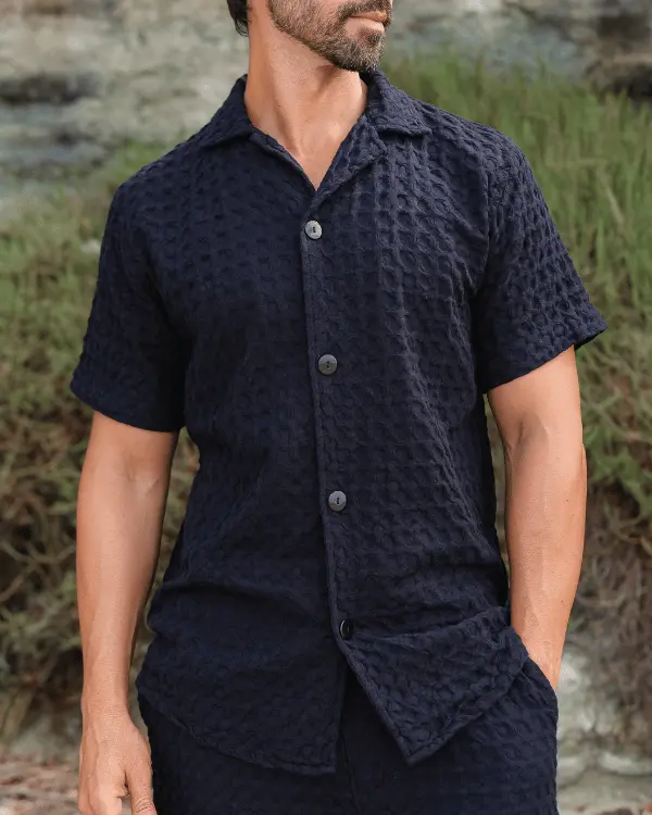 Orb Button Down Waffle Shirt - Black - Mens | Sand Cloud