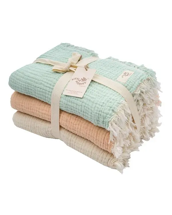 Little Fishies Gauze Receiving Blanket Set - 3 Pack - Seafoam / Peach Fuzz / Natural | Sand Cloud