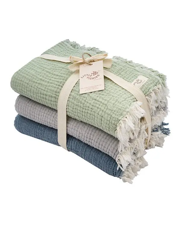 Little Fishies Gauze Receiving Blanket Set - 3 Pack - Sage / Grey / Navy | Sand Cloud